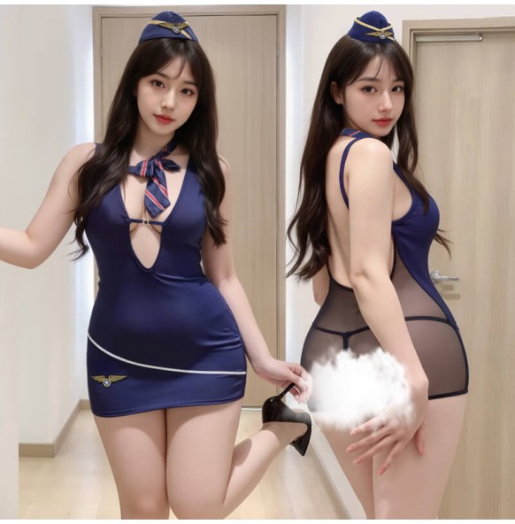 FEE ET MOI - Private Stewardess Bodycon Skirt Costume Set (Plus Size - Blue Black) FEE ET MOI - Private Stewardess Bodycon Skirt Costume Set (Plus Size - Blue Black)